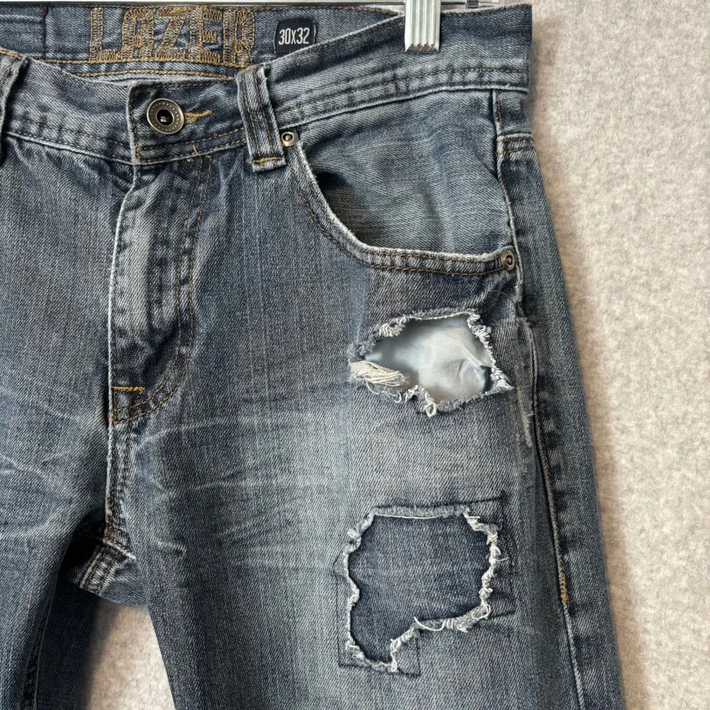 Lazer Mens 30x32‎ Straight Leg Jeans Blue Jeans Distressed Patchwork Grunge